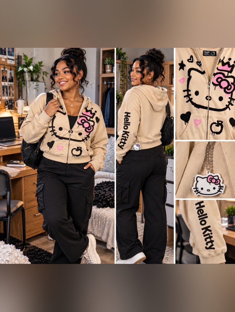 Hello Kitty x Forever 21 Graffiti Crown Zip Hoodie Beige Pink Y2K